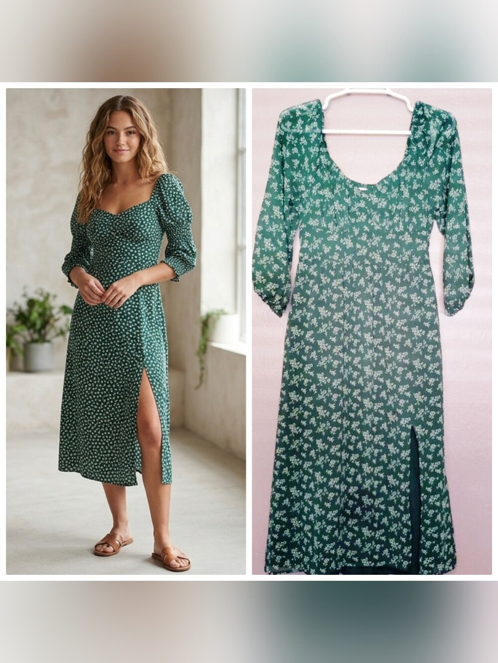 Hollister Floral Babydoll Midi Dress Slit Cottage Romantic